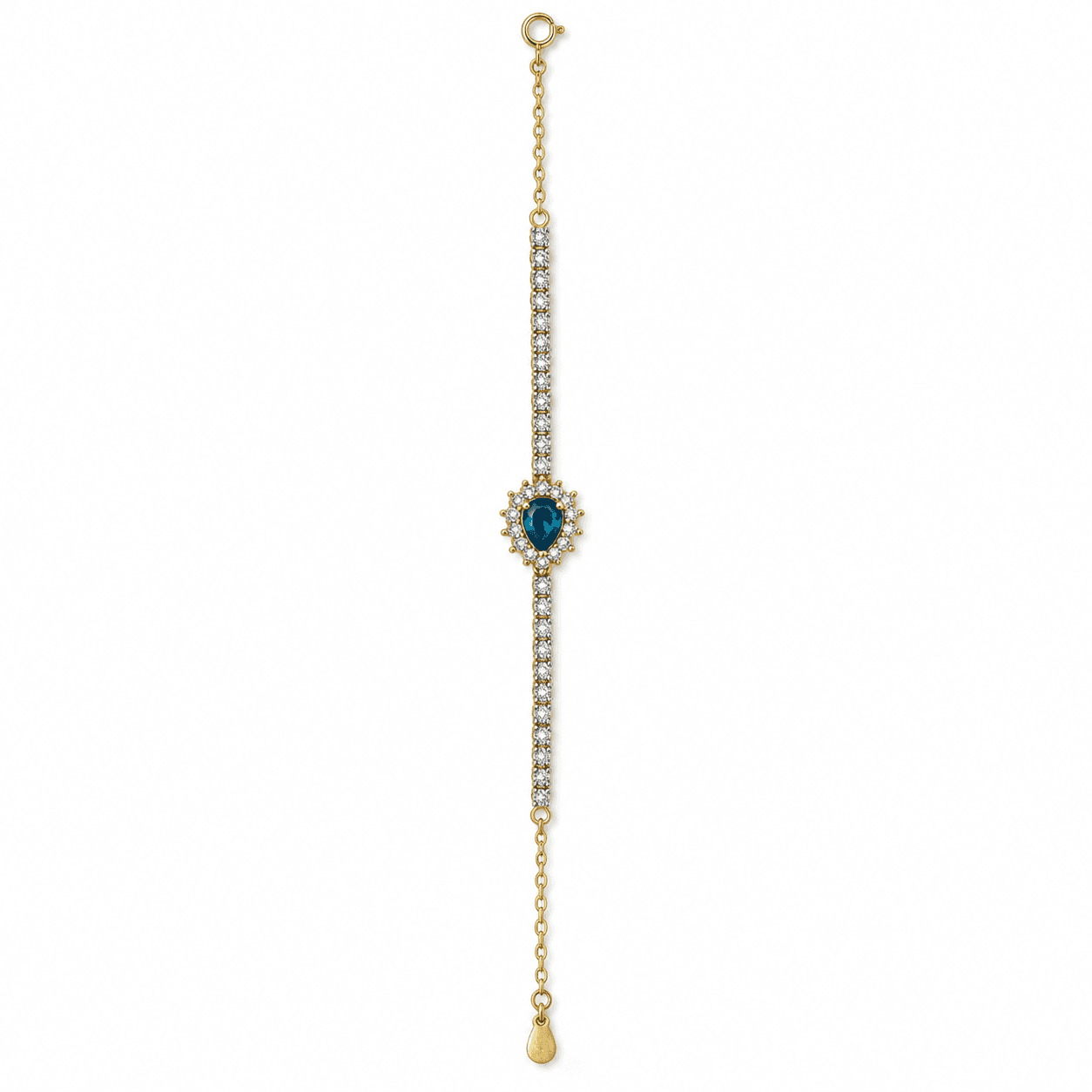 Fine bracelet with a blue pear-shaped centre and clear stone-set line