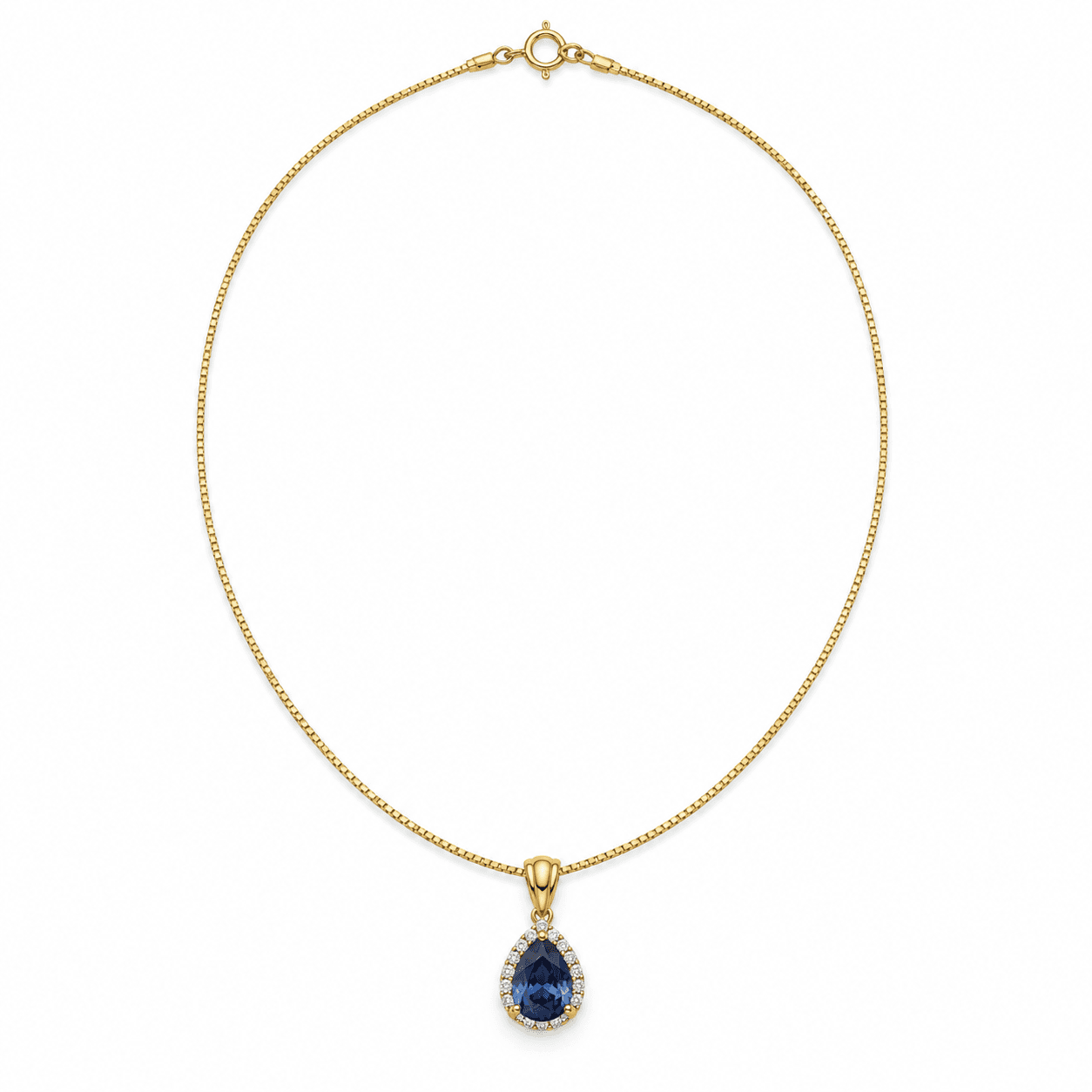Fine gold-tone necklace with a blue pear-shaped pendant