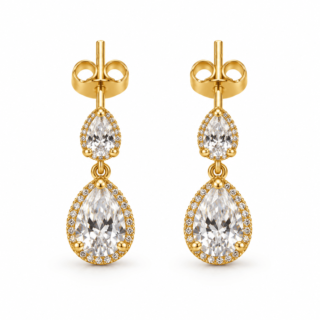 Gold-tone earrings with two articulated clear pear-shaped drops