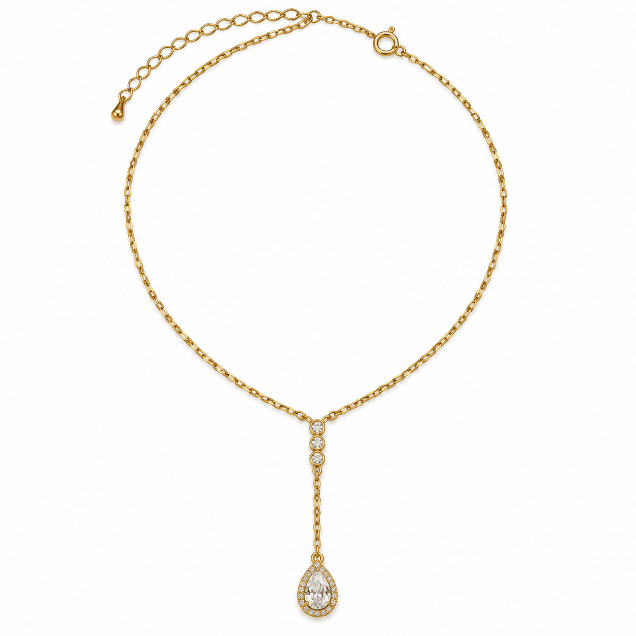 Fine gold-tone Y necklace with clear accents and a pear-shaped drop